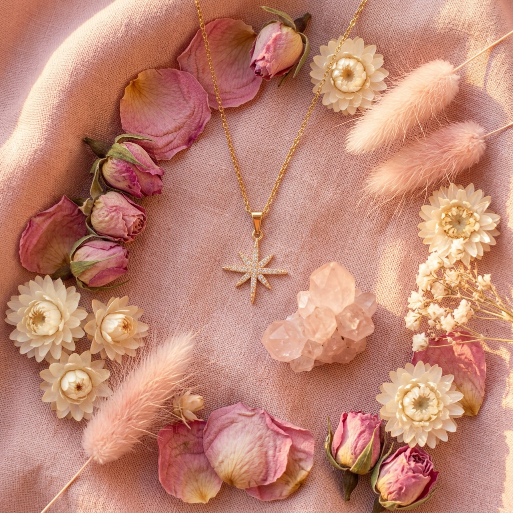Collier étoile polaire dorée flat lay cocooning