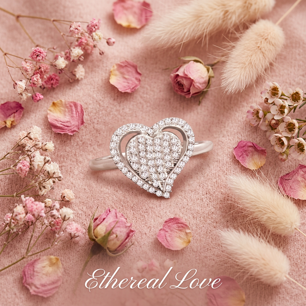 Bague cœur double argent pavée flat lay cocooning