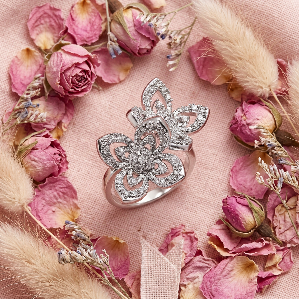 Bague double fleur argent flat lay cocooning