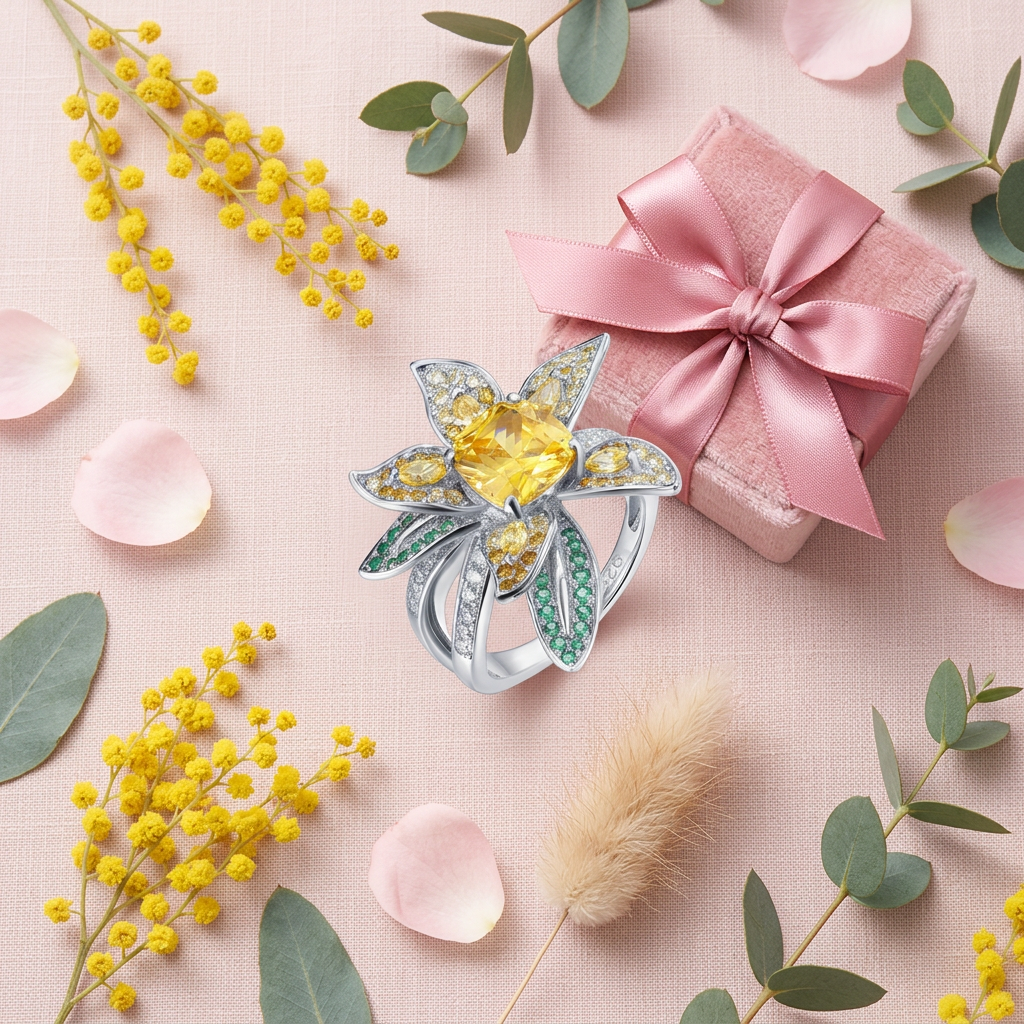 Bague fleur citrine émeraudes cadeau flat lay cocooning