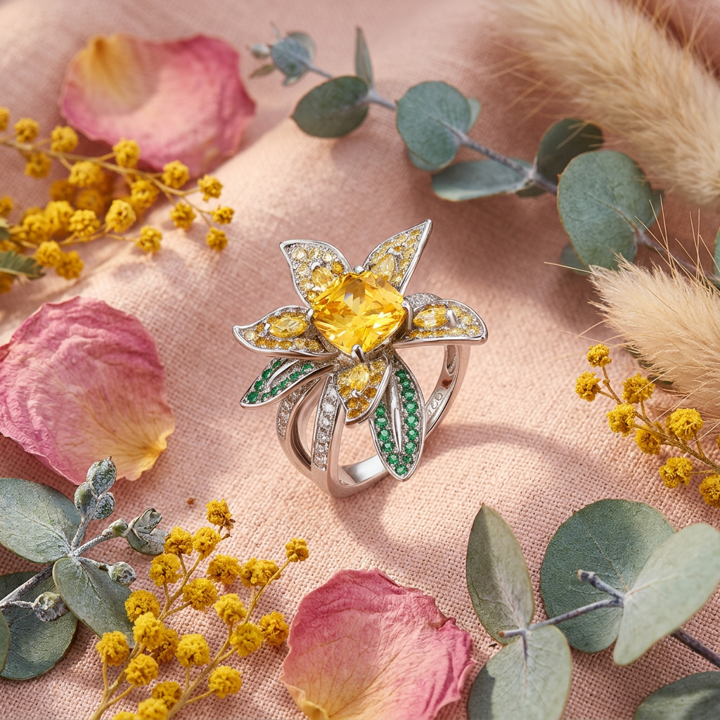 Bague fleur citrine émeraudes flat lay cocooning