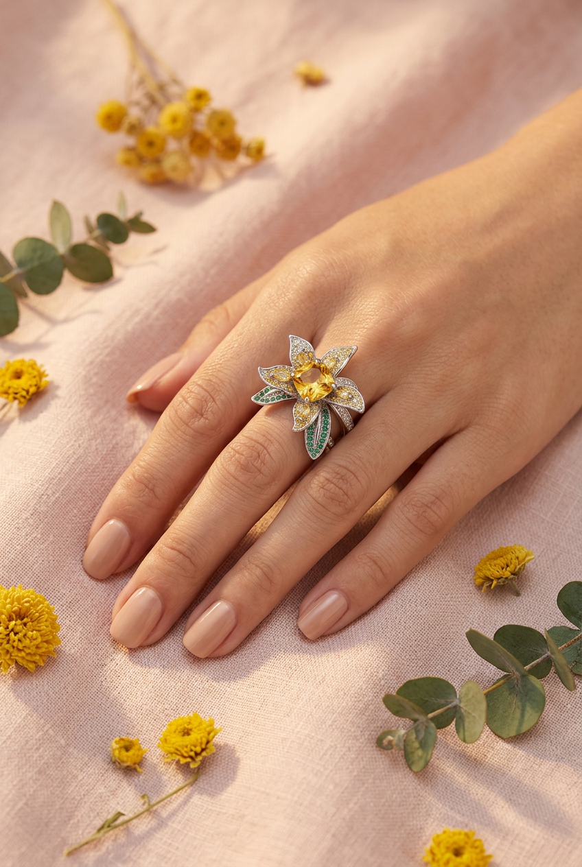 Bague fleur citrine émeraudes lifestyle cocooning