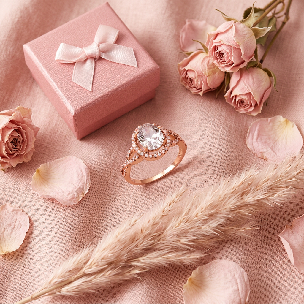 Bague halo ovale or rose cadeau flat lay cocooning