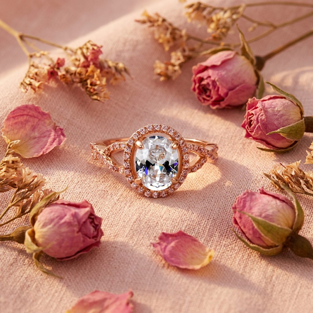 Bague halo ovale or rose flat lay cocooning
