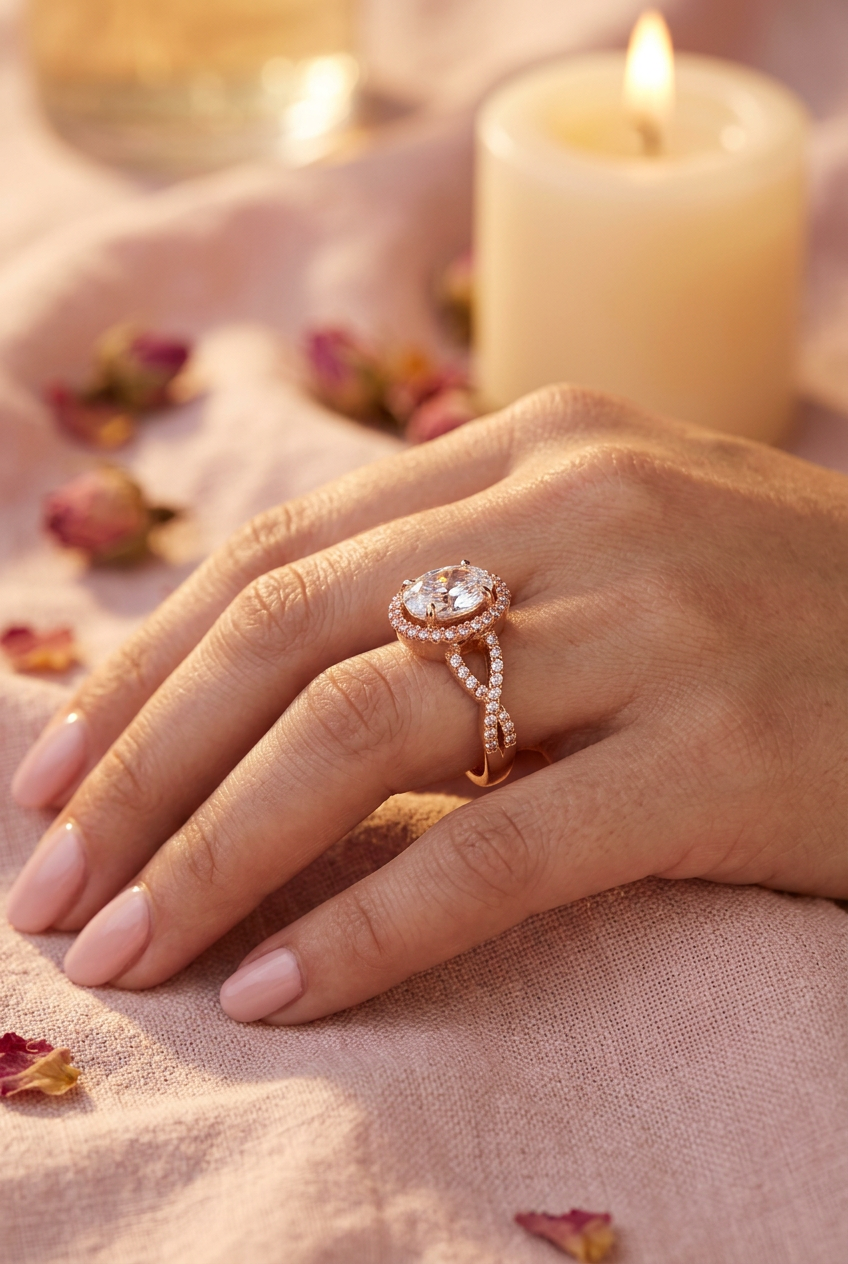Bague halo ovale or rose lifestyle doigt cocooning