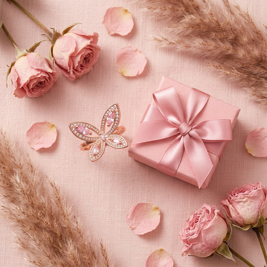 Bague papillon or rose cadeau flat lay cocooning
