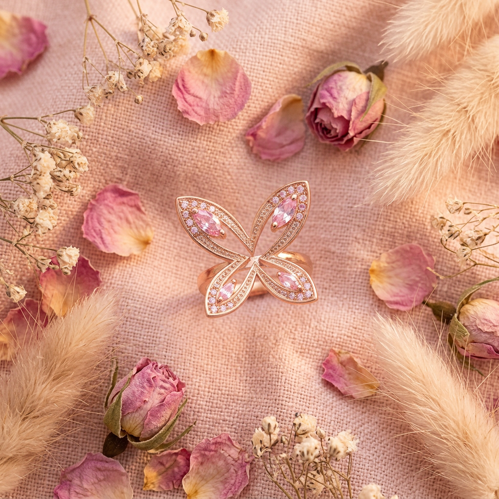 Bague papillon or rose zircon rose flat lay cocooning