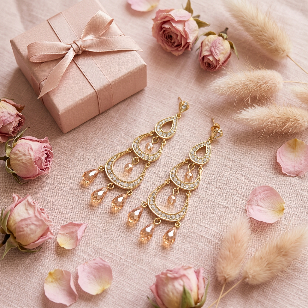 Boucles chandelier dorées champagne cadeau flat lay cocooning