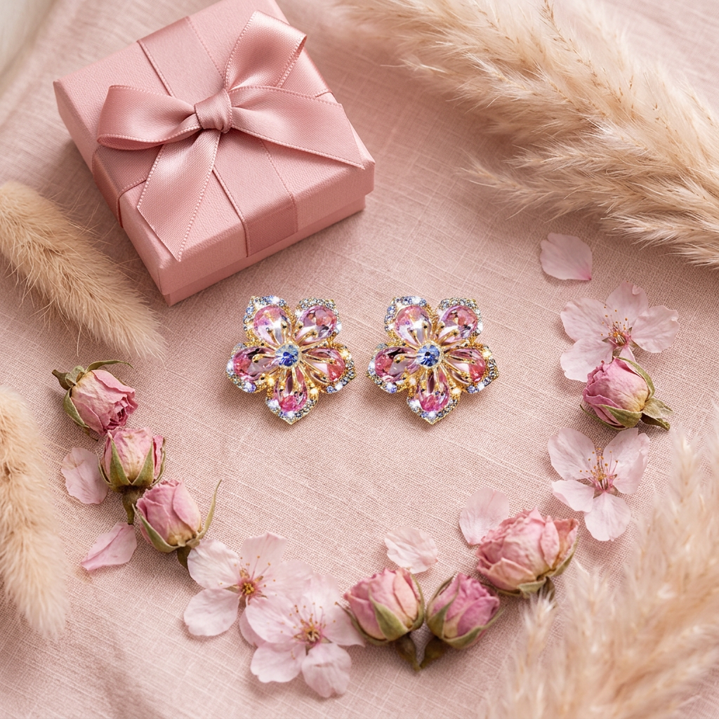 Boucles fleur cristaux roses dorées cadeau flat lay cocooning