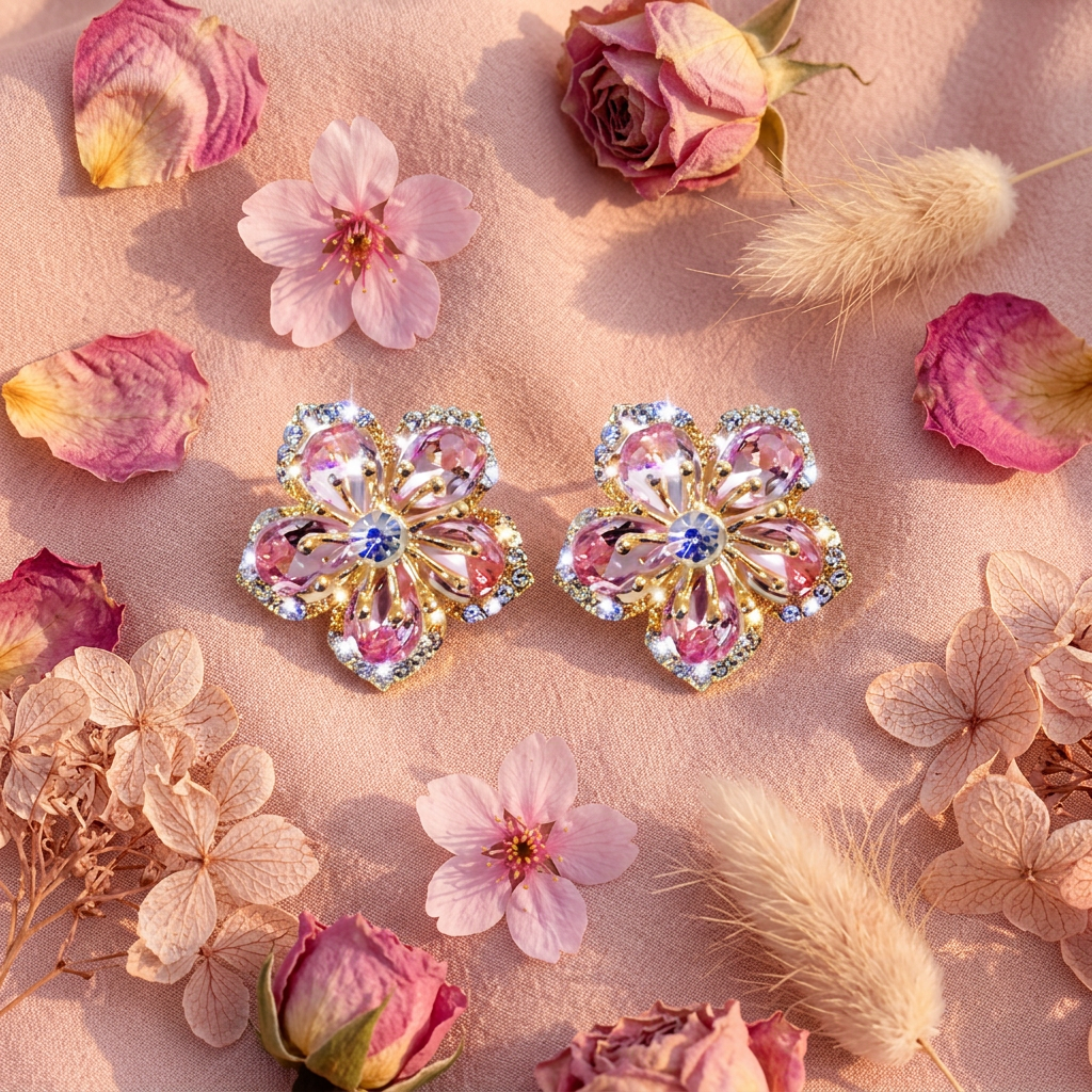 Boucles fleur cristaux roses dorées flat lay cocooning