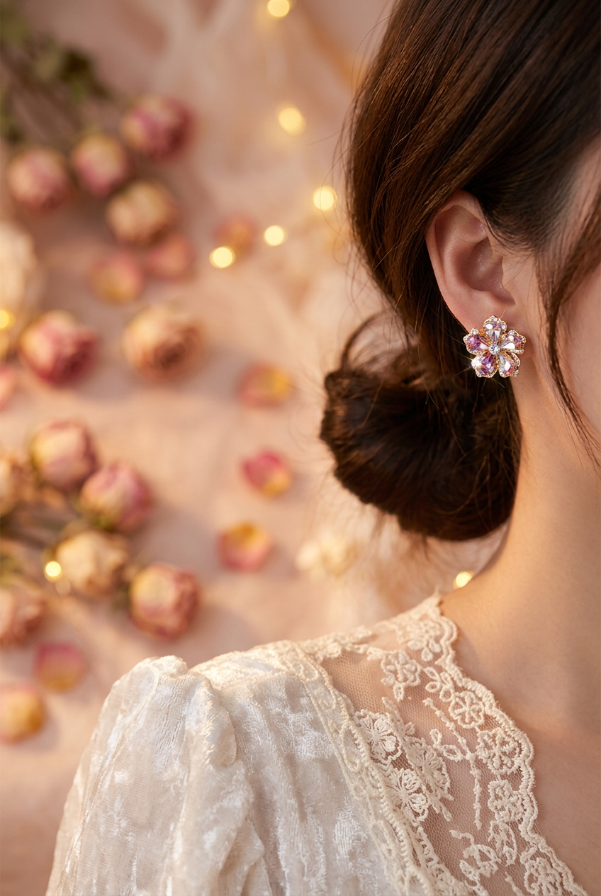 Boucles fleur cristaux roses dorées lifestyle cocooning