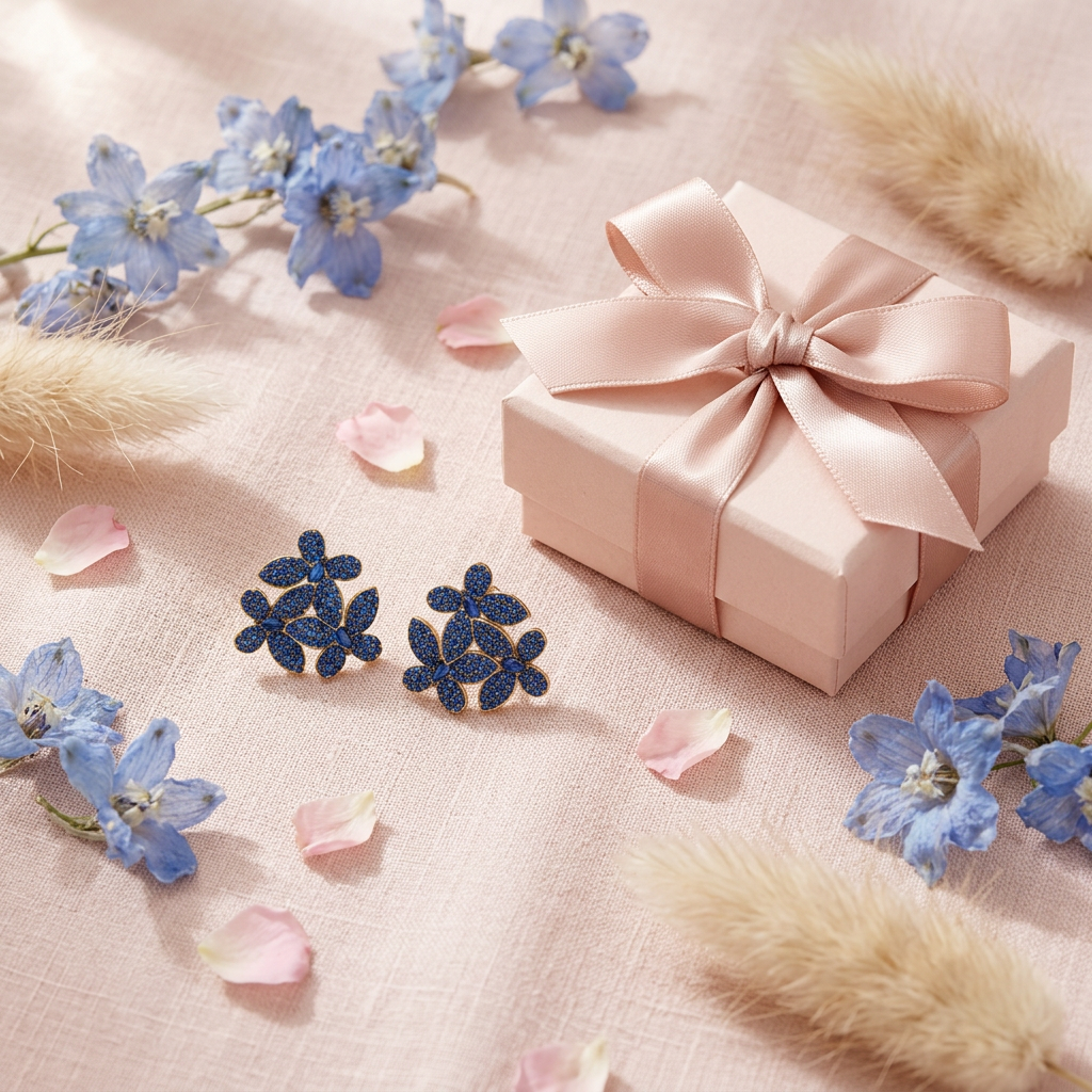 Boucles fleur saphir bleu cadeau flat lay cocooning