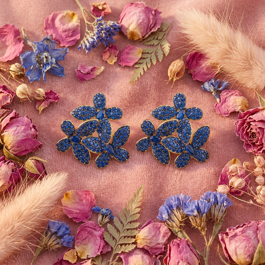 Boucles fleur saphir bleu pavé flat lay cocooning