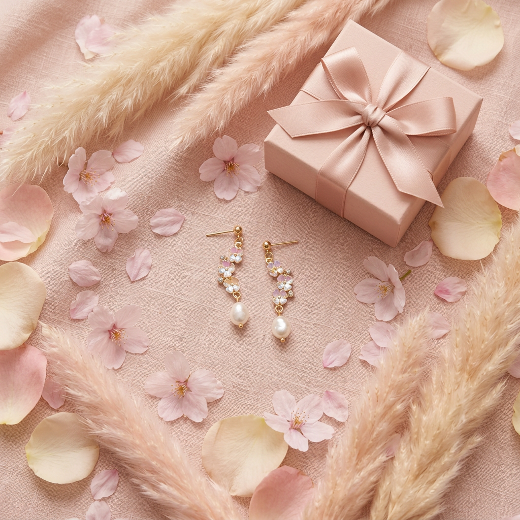 Boucles fleurs irisées perle baroque cadeau flat lay cocooning