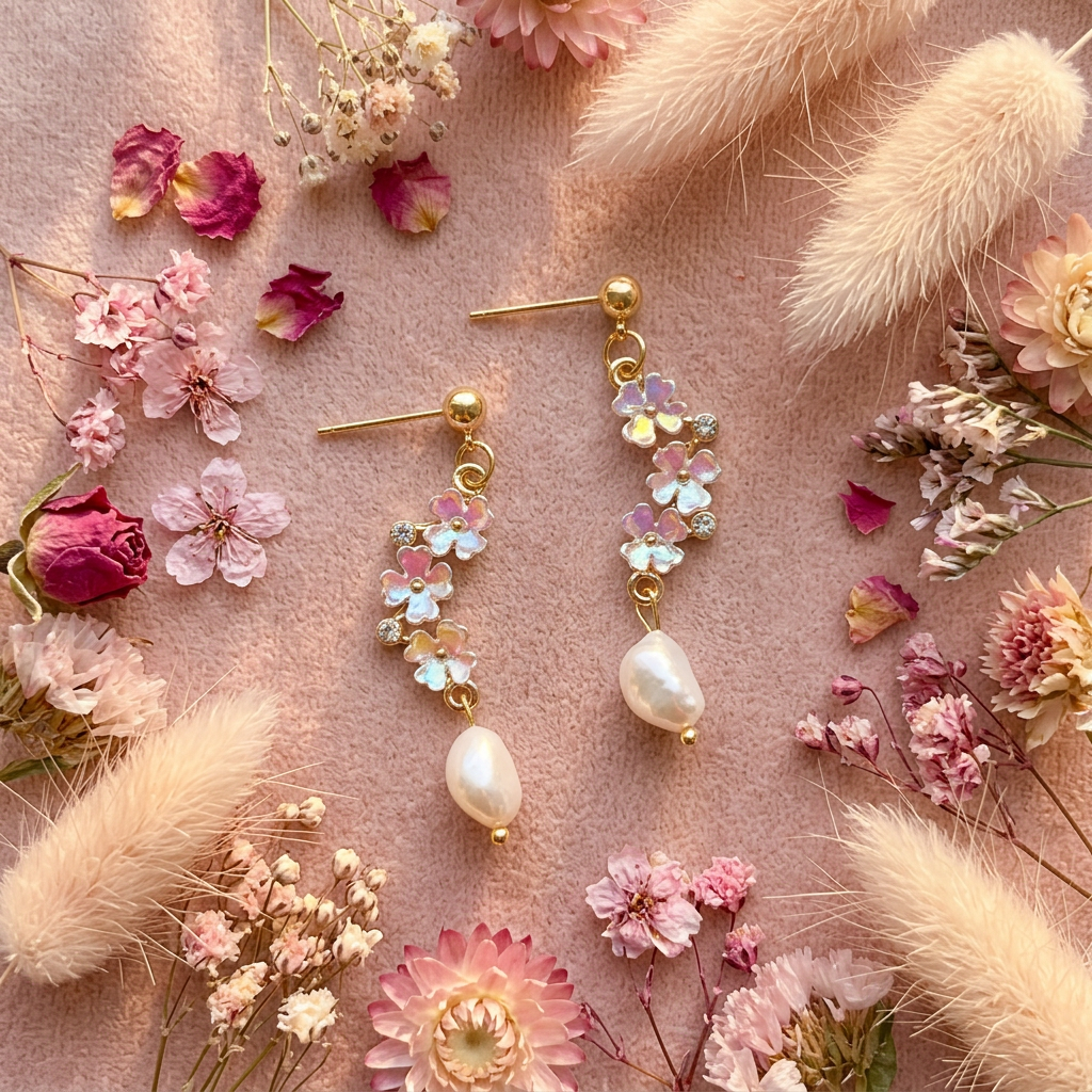 Boucles fleurs irisées perle baroque flat lay cocooning