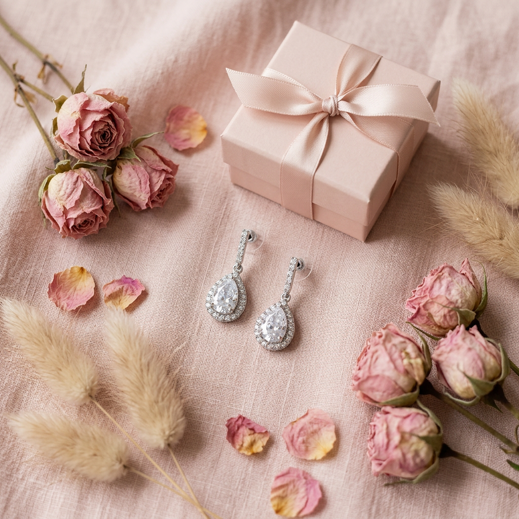 Boucles halo goutte argent cadeau flat lay cocooning