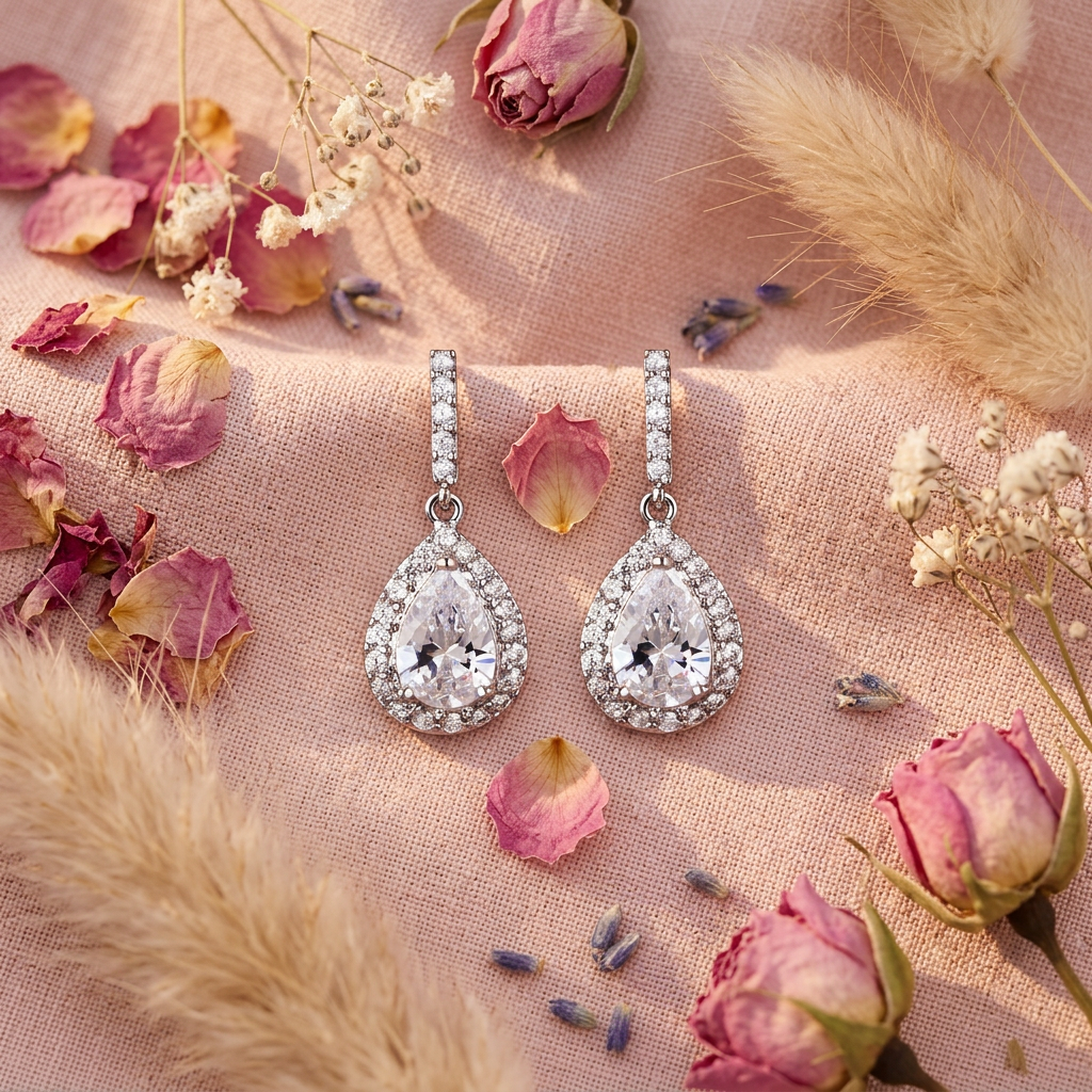 Boucles halo goutte argent flat lay cocooning