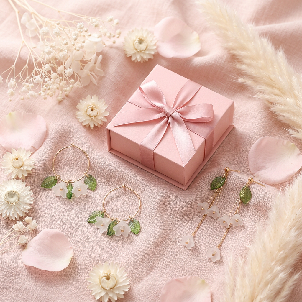 Boucles muguet translucides dorées cadeau flat lay cocooning