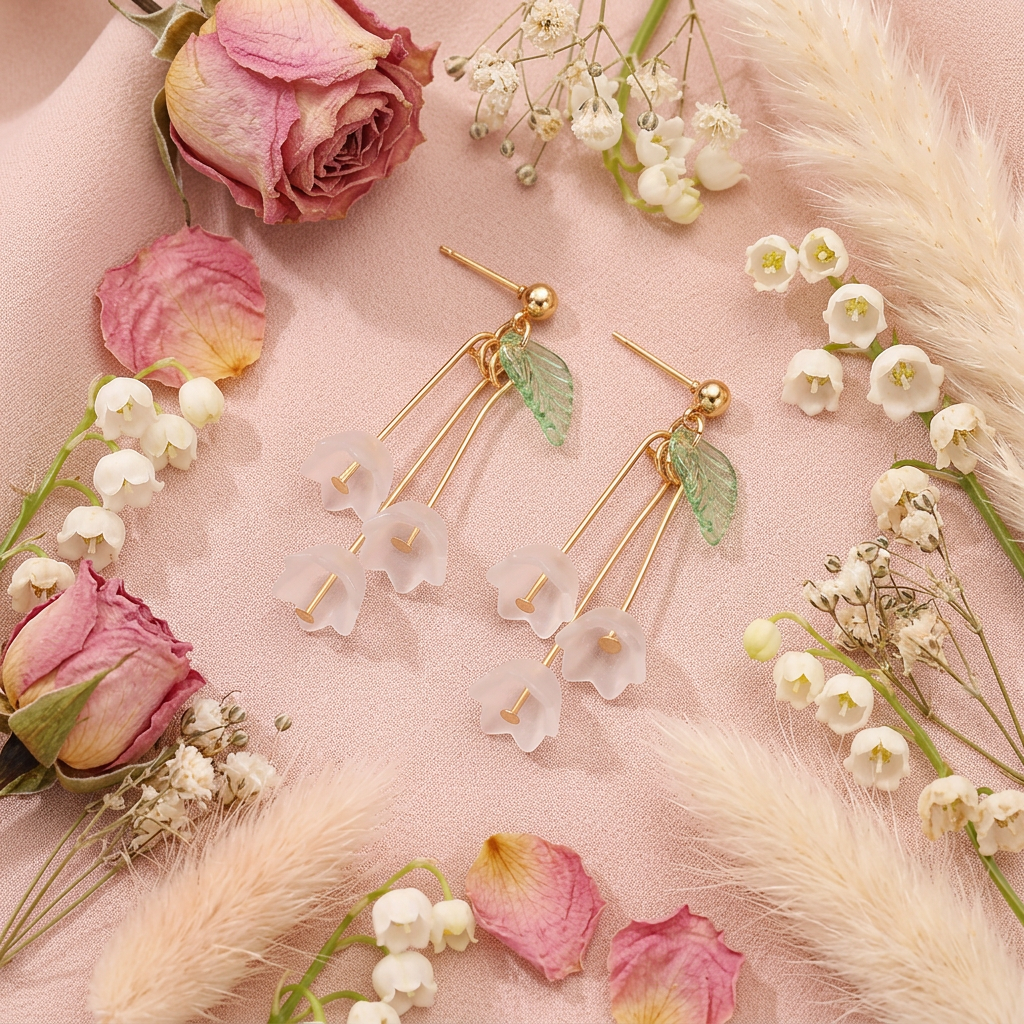 Boucles muguet translucides dorées flat lay cocooning