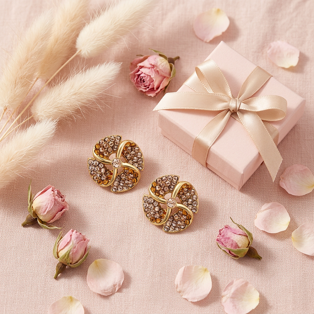Boucles tourbillon dorées pavé cadeau flat lay cocooning
