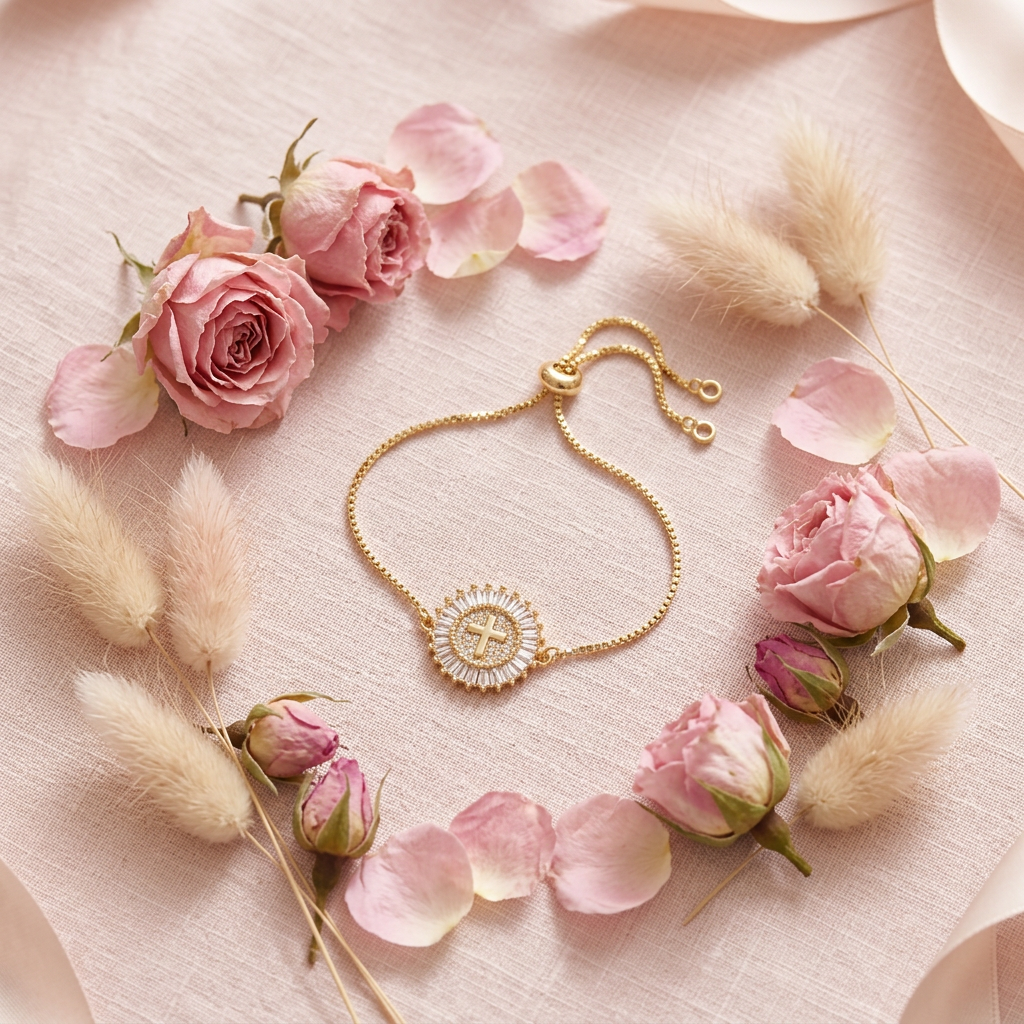 Bracelet croix flat lay roses