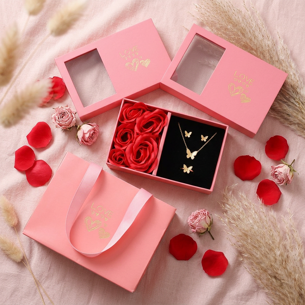 Coffret LOVE roses savon bijoux cadeau flat lay cocooning