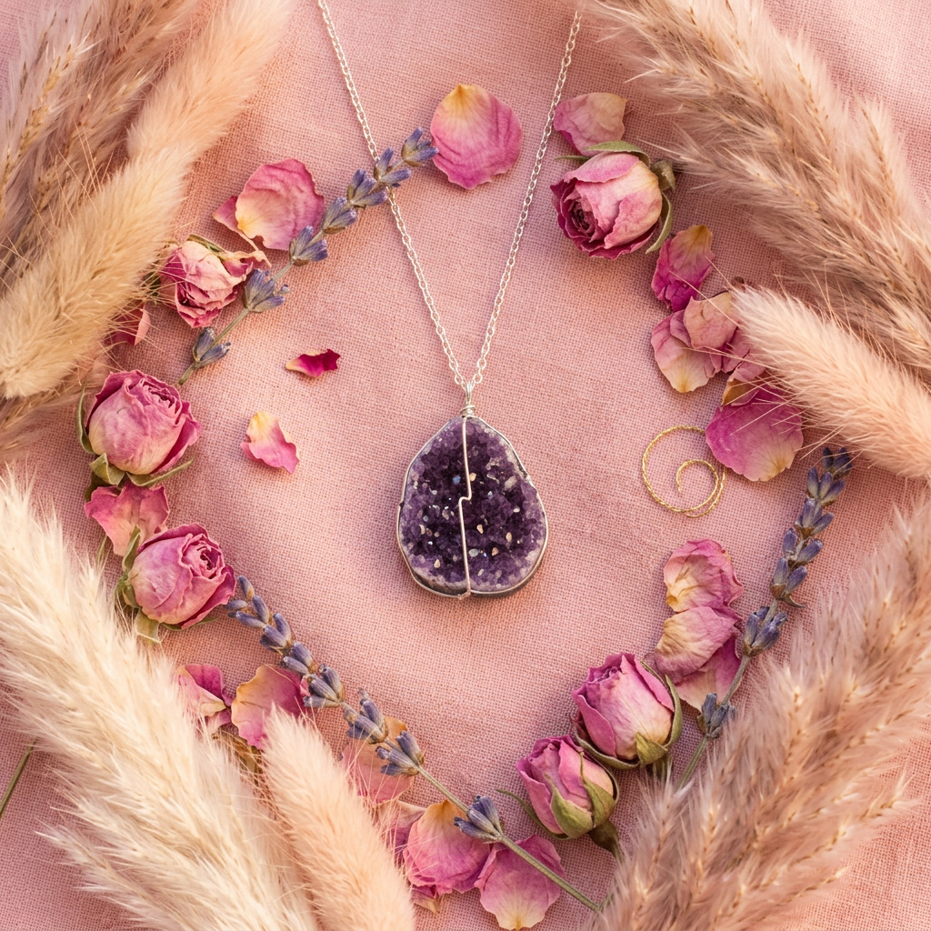 Collier améthyste druzy flat lay cocooning