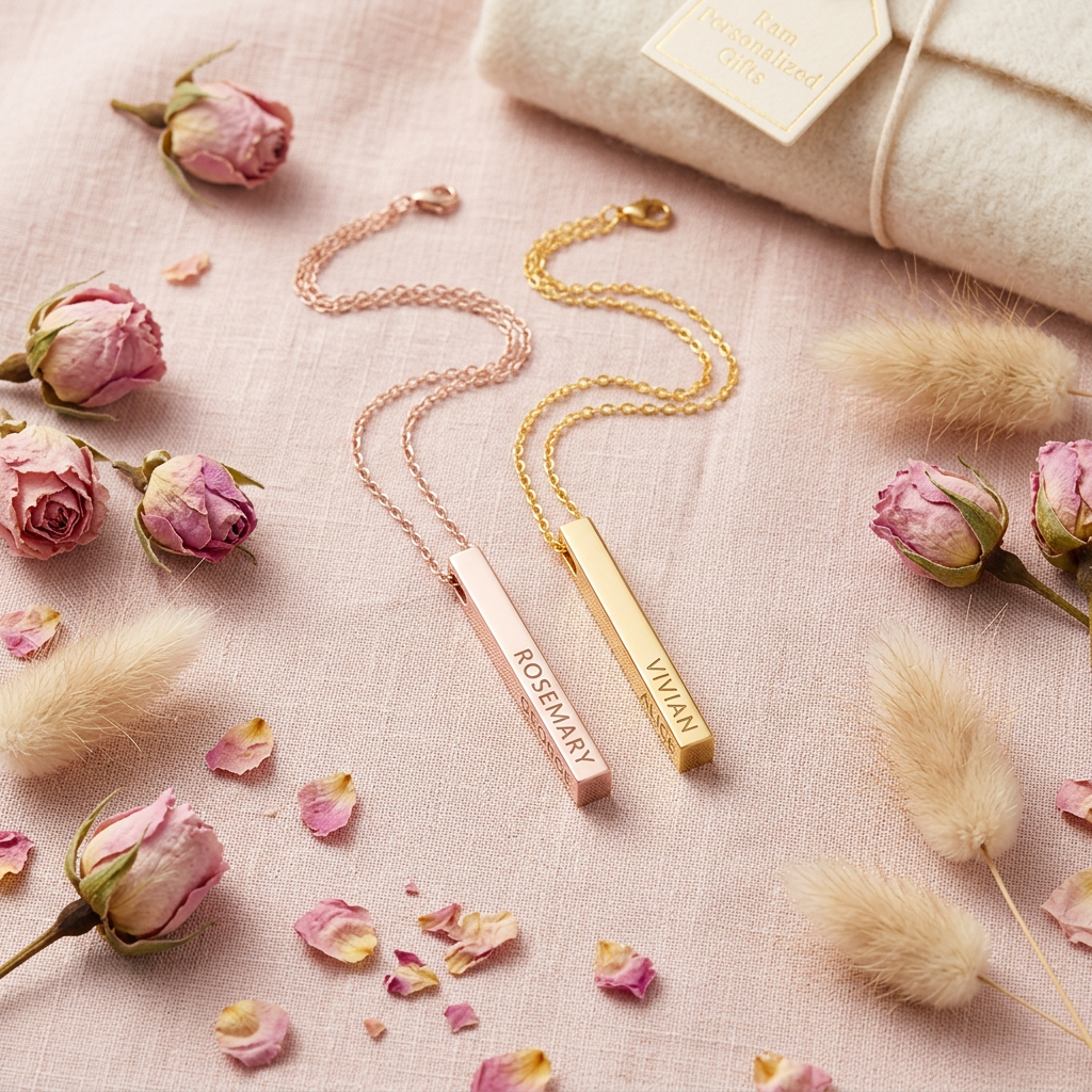 Collier barre gravé duo flat lay cocooning