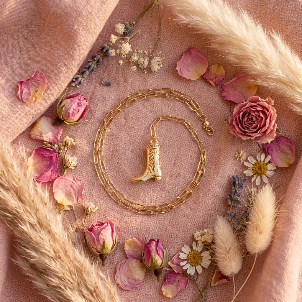 Collier botte 3D dorée flat lay cocooning