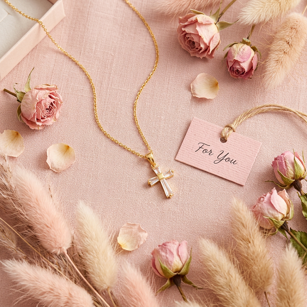 Collier croix zircon baguette cadeau flat lay cocooning