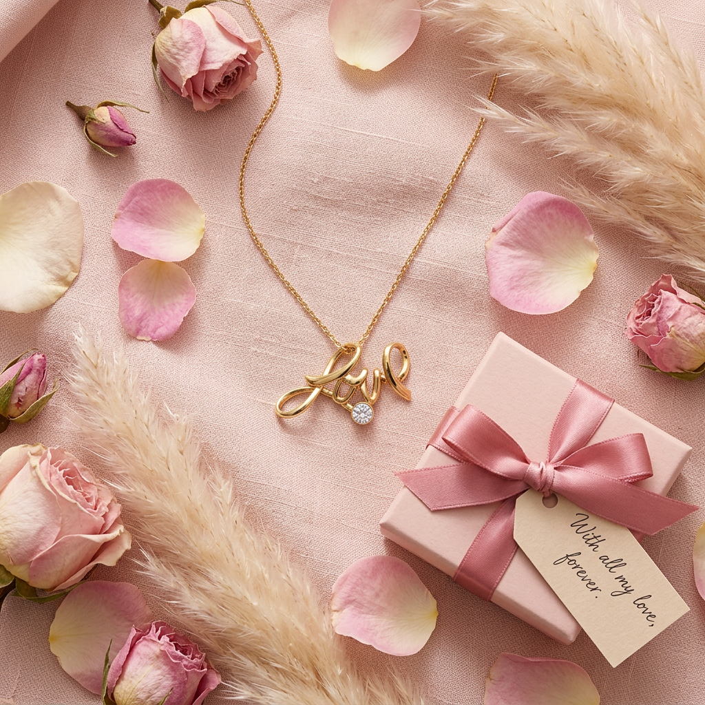 Collier Love script doré cadeau romantique flat lay