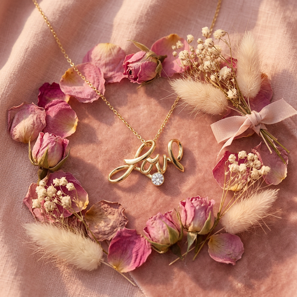 Collier Love script doré flat lay cocooning