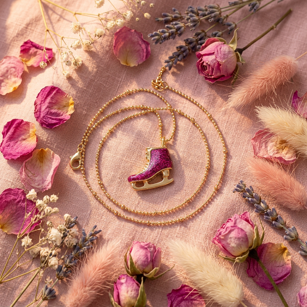 Collier patin fuchsia doré flat lay cocooning