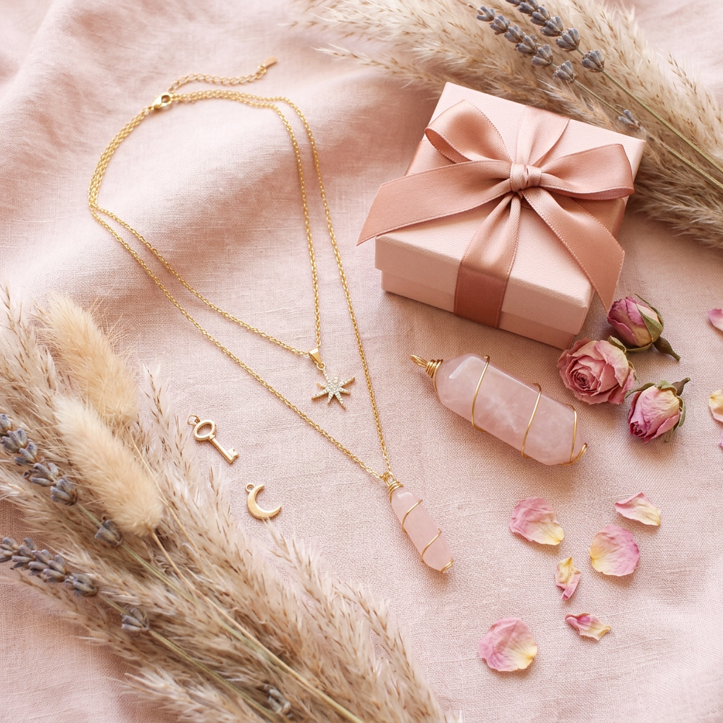 Collier étoile polaire dorée cadeau flat lay cocooning