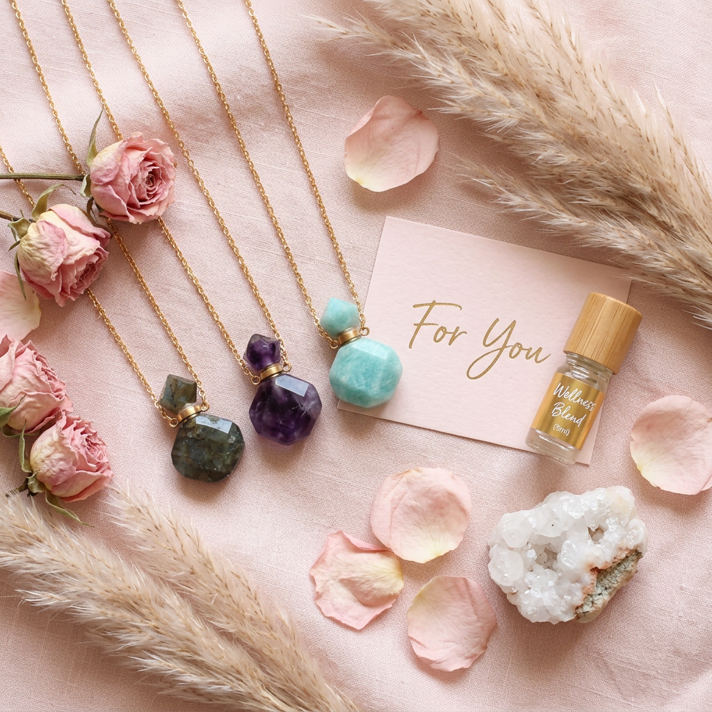 Colliers flacons pierres cadeau wellness flat lay cocooning