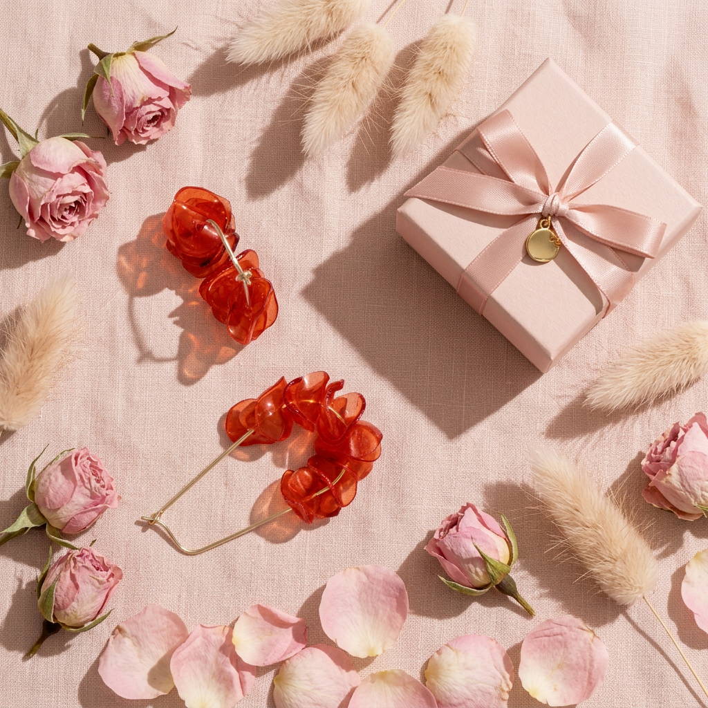 Créoles pétales corail cadeau flat lay cocooning