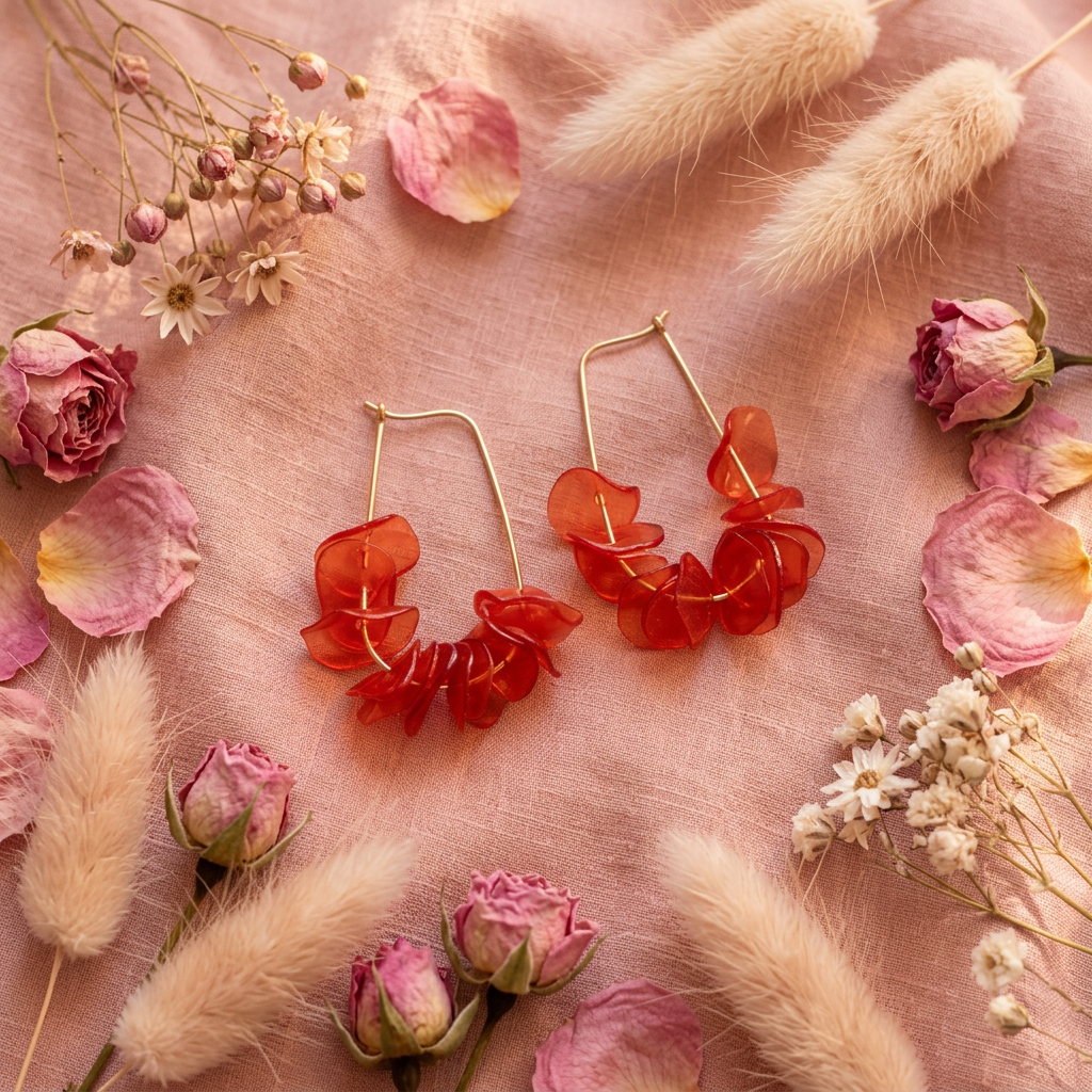 Créoles pétales corail flat lay cocooning