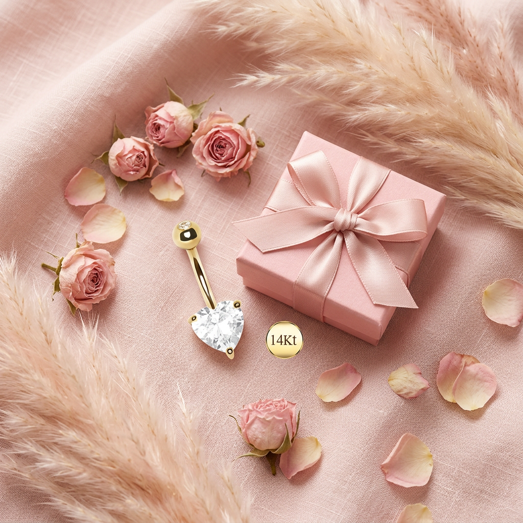 Piercing nombril cœur doré cadeau flat lay cocooning