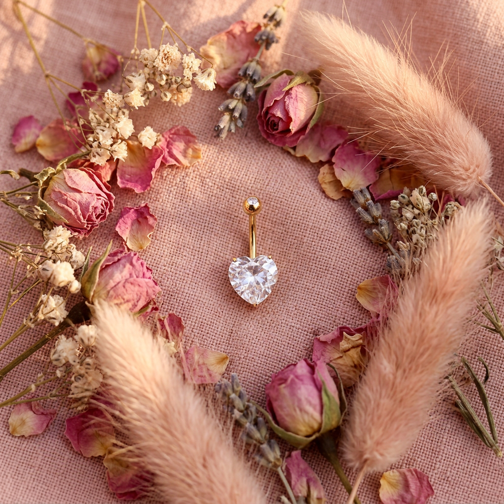 Piercing nombril cœur doré flat lay cocooning