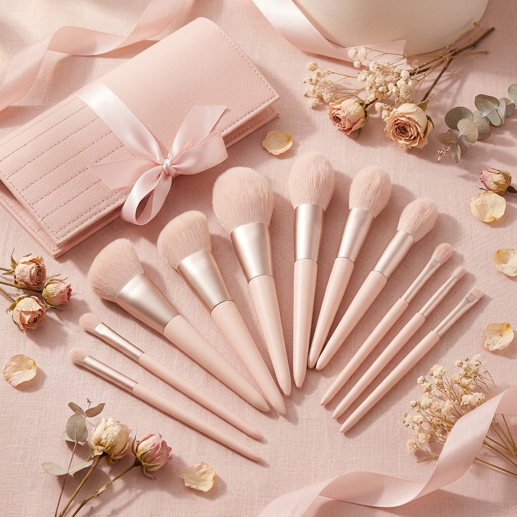 Pinceaux maquillage - fond rose pâle