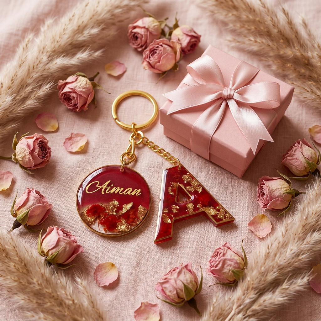 Porte-clés résine rouge or personnalisé cadeau flat lay cocooning