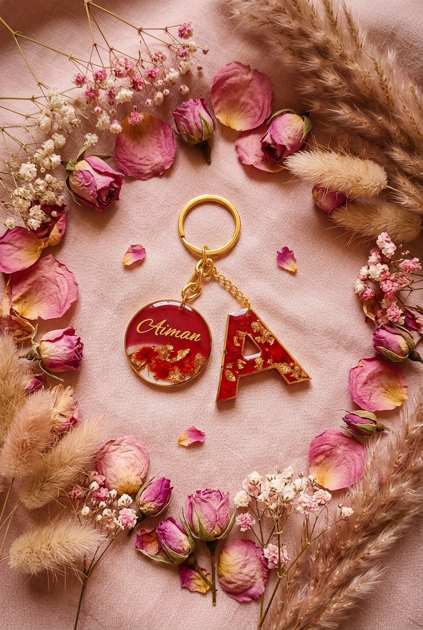 Porte-clés résine rouge or personnalisé flat lay cocooning