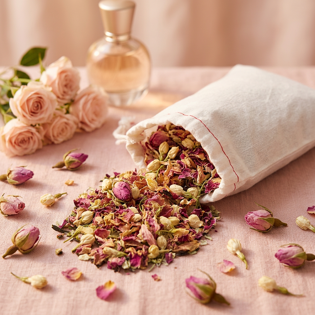 Sachet fleurs - fond rose pâle